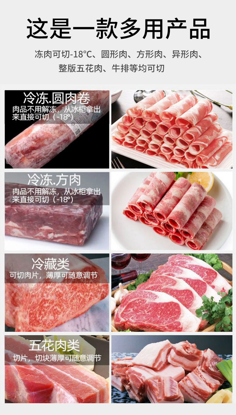 機(jī)器可以直接切零下18度凍肉、圓形肉、方形肉、五花肉、牛排等。